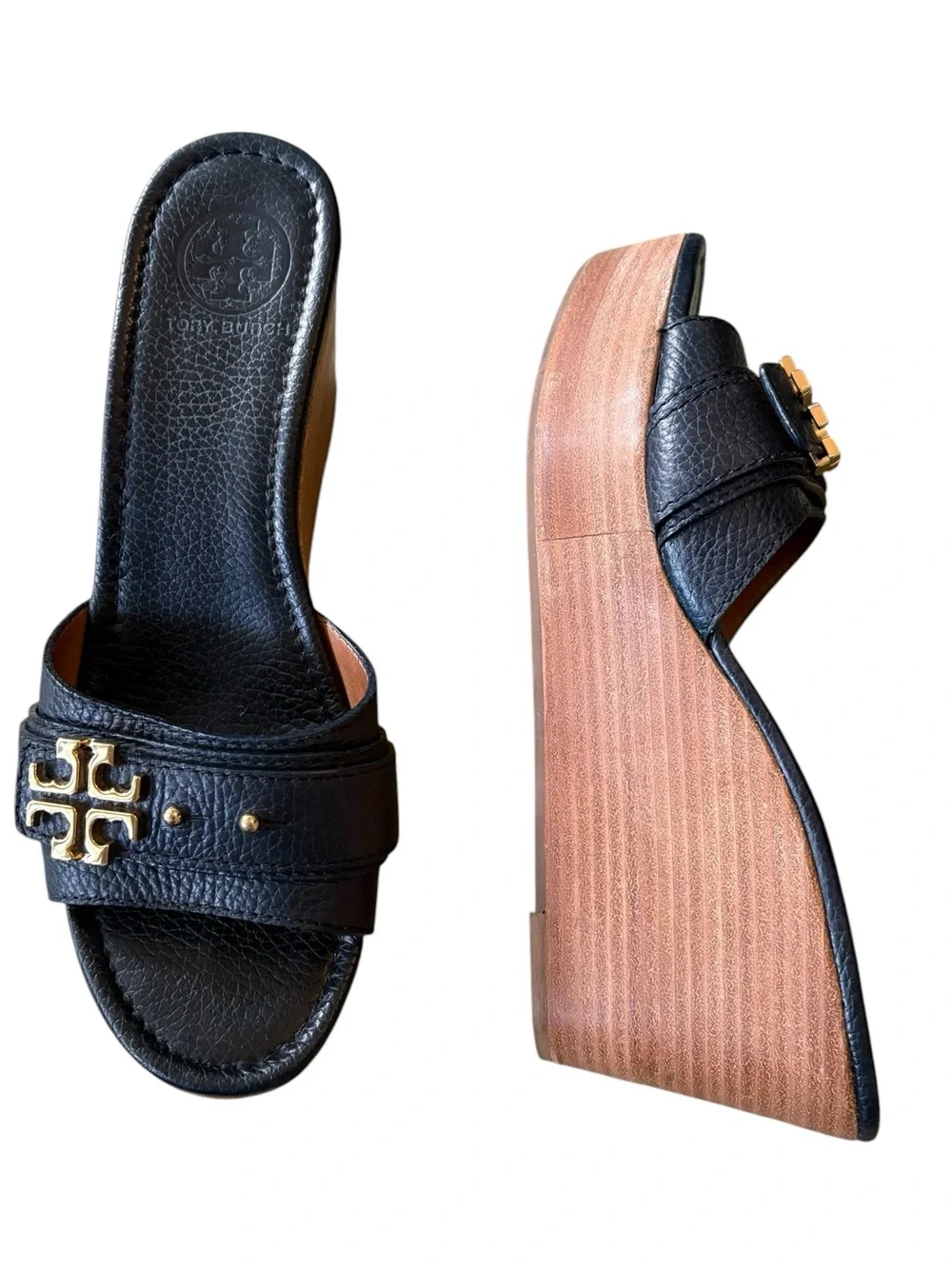 Tory Burch Elina Black Leather Gold Logo Plstform Wedge Sandals - 8.5